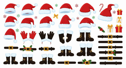 Christmas icon santa claus costume elements vector set including hat gloves boots belt and gifts for christmas holiday design vector