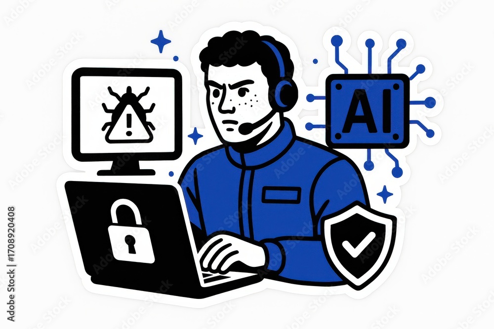 Poster male cybersecurity professional engaged in monitoring ai systems while addressing digital security t