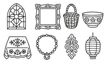 Home decor silhouette icon set. featuring stained glass, frame, basket, bowl, tablecloth, necklace, ornament, lantern.