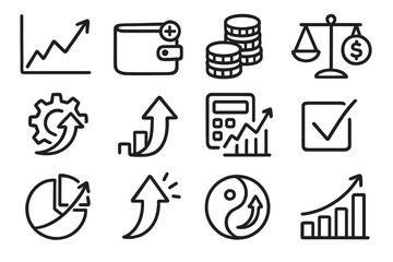 Business and finance linear icon set. featuring growth, wallet, coins, balance, gear, and chart symbols