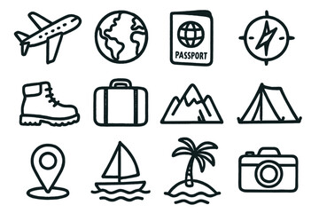 Travel linear icon set. featuring airplane, globe, passport, compass, boot, suitcase, mountain, tent, map, boat, island, camera
