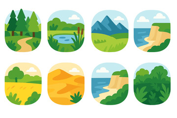 Nature silhouette icon set. featuring forest, lake, mountains, seaside, field, desert, coastline, jungle landscapes