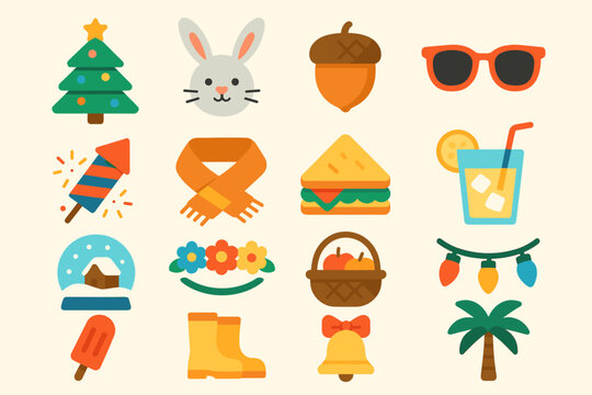 Holiday season flat icon set. featuring christmas tree, rabbit, acorn, sunglasses, fireworks, scarf, sandwich