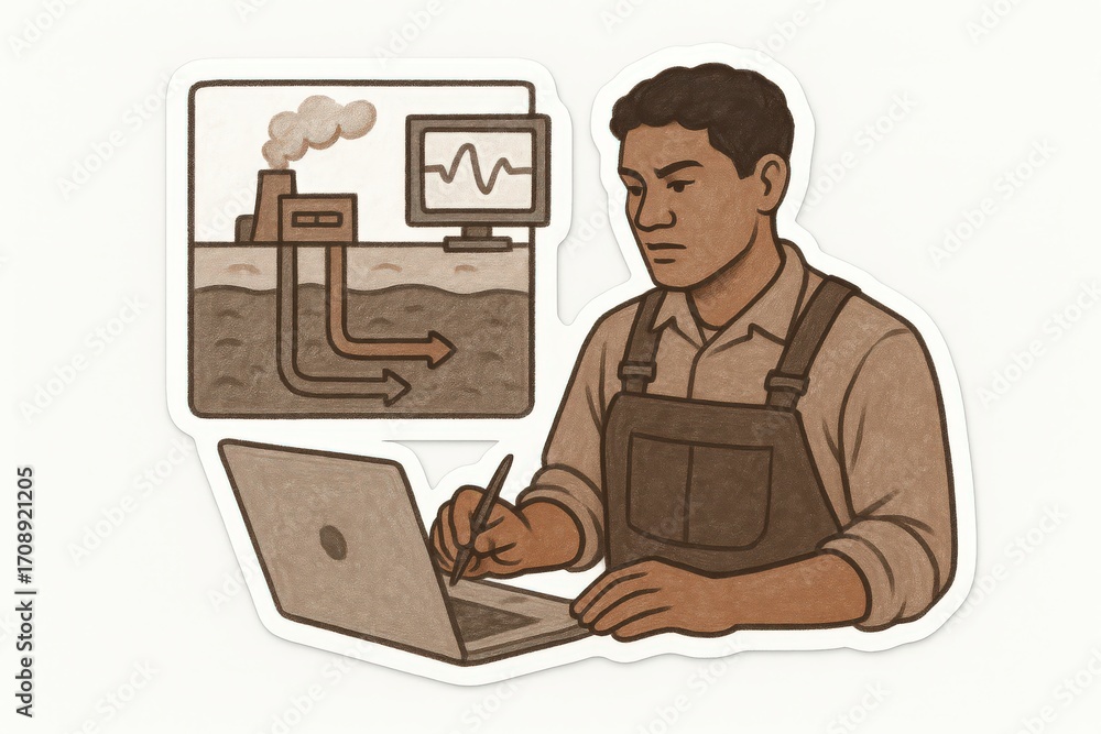Poster engaged technician analyzing environmental data through a laptop while monitoring pollution levels a