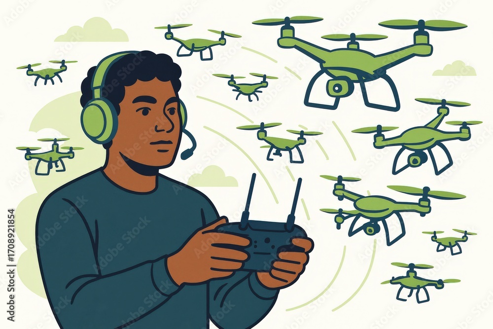Poster engaging young man operating multiple drones with a remote control while wearing a headset in a dyna