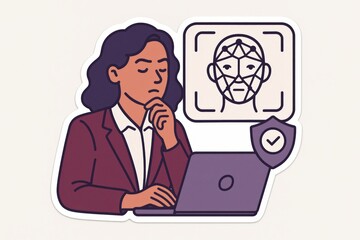 Thoughtful woman analyzing facial recognition technology on laptop screen reflecting on digital security ethics and implications for privacy rights shaping future innovations