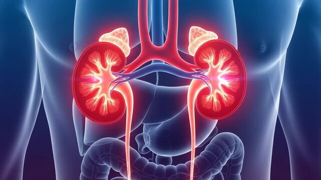 Anatomical illustration of the human kidney and urinary system with a focus on kidney health, renal function, and potential diabetes complications