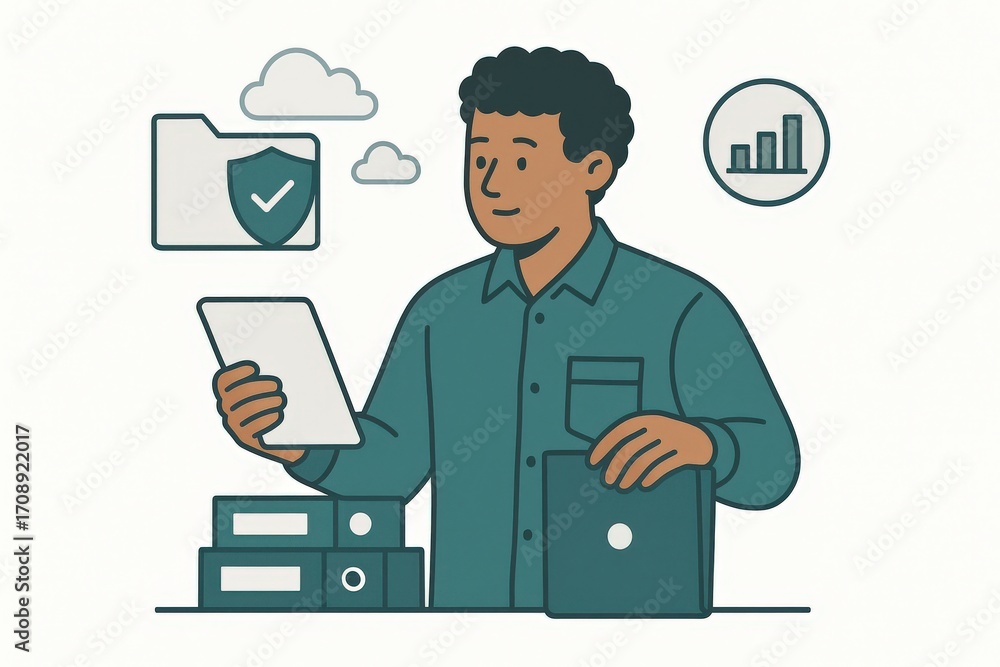 Poster professional man analyzing data on digital tablet surrounded by organizational tools while emphasizi