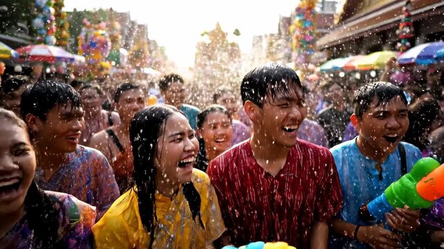 Crowds celebrating Songkran water festival cinematic UHD handheld cultural tradition Asian stock video. joyous gathering asiatic festivity splashing liquid heritage observance handheld