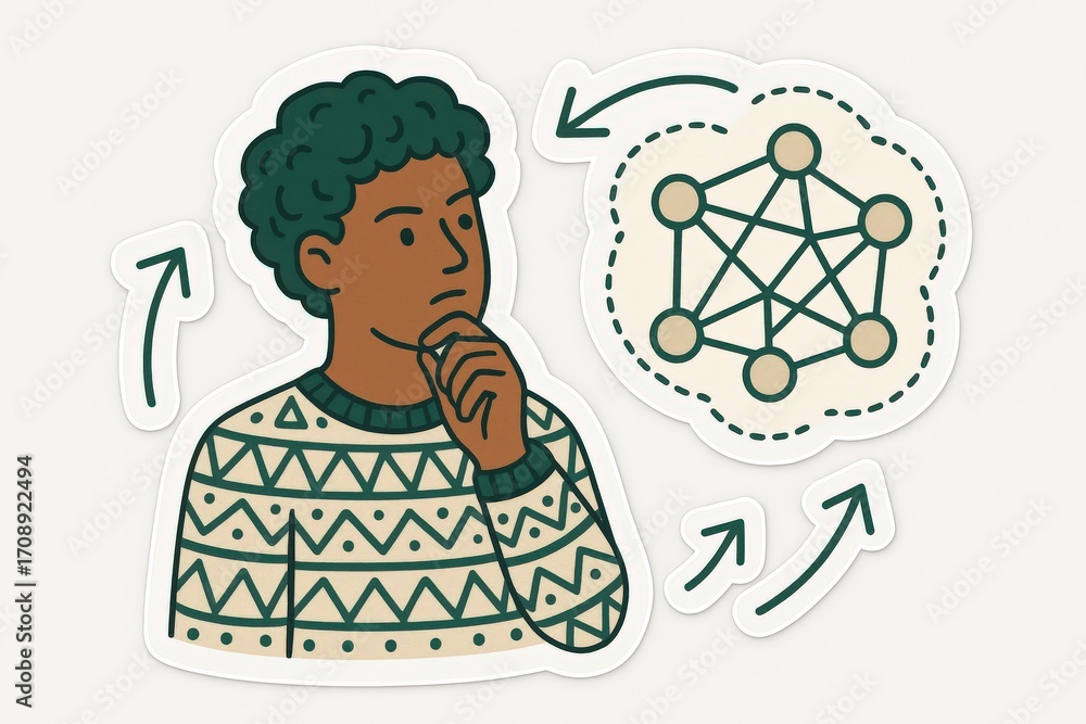 Poster individual in knitted sweater contemplating abstract networks and connections represented through gr