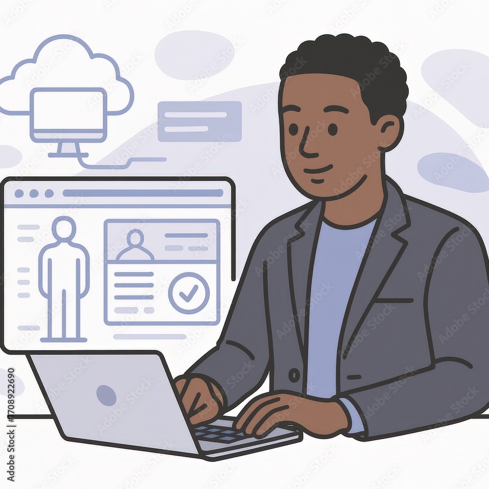 Poster Professional individual engaging with digital identity management using advanced cloud technology illustrating the convergence of innovation and personal branding