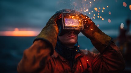 A skilled welder in protective gear, welding in a vibrant, industrial setting with sparks flying.