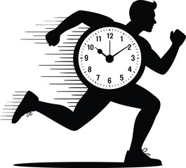 Running silhouette with embedded clock symbolizing time management, urgency, active lifestyle, and daily routine pressure