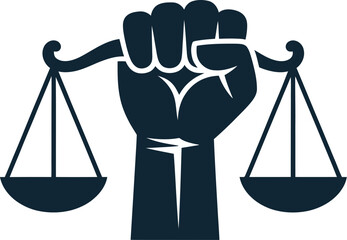 Raised fist holding justice scales vector symbolizing equality, empowerment, civil rights, and social justice activism