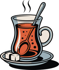 Hot Tea in Glass Cup with Spoon and Sugar Cubes – Cozy Beverage Icon for Comfort, Culture, and Lifestyle Themes