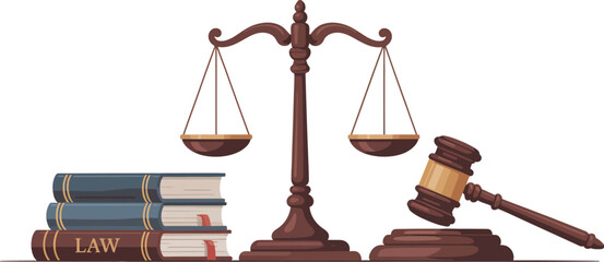 Law and Justice Icon – Books, Gavel, and Balance Scale Symbol for Legal System, Courtroom, and Civic Education Themes