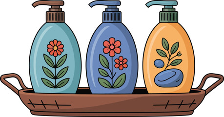 Floral Pump Bottles on Tray – Decorative Personal Care Icon for Bathroom, Spa, and Wellness Lifestyle Themes