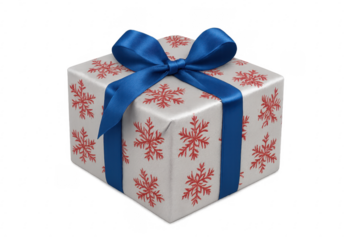 Christmas gift wrapped with blue ribbon and red snowflakes on transparent background