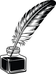 Quill Pen in Ink Bottle – Vintage Writing Icon for Literature, Calligraphy, History, and Creative Branding Themes