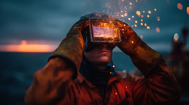 A skilled welder in protective gear, welding in a vibrant, industrial setting with sparks flying.