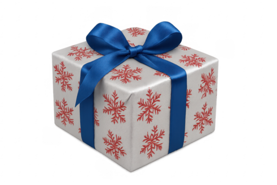 Christmas gift wrapped with blue ribbon and red snowflakes on transparent background