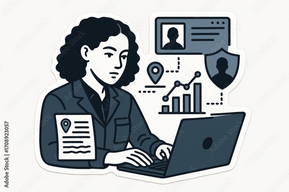 Poster professional woman engaging in data analysis while utilizing advanced technology visualizing perform