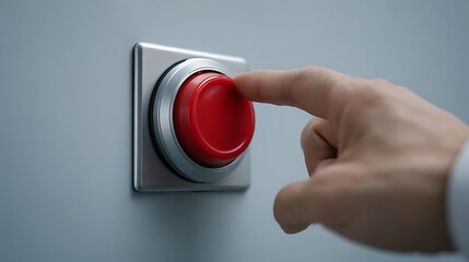 A hand pressing a red button against a gray background.
