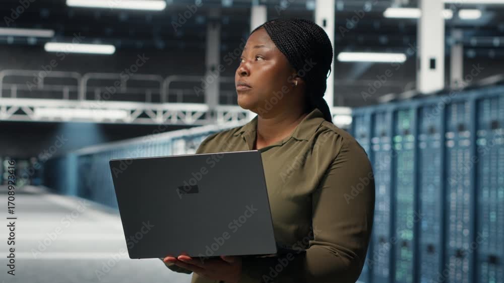 Poster technician in server room using laptop to upgrade rigs for increase in clients workload capacity. af