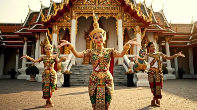 Traditional Thai dancers performing temple yard cinematic UHD cultural festival stock footage. graceful siamese performer sanctuary ground high definition ethnic celebration film