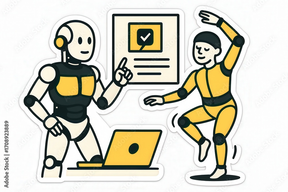 Poster exploring the intersection of human interaction and technology with a friendly robot guiding a dance