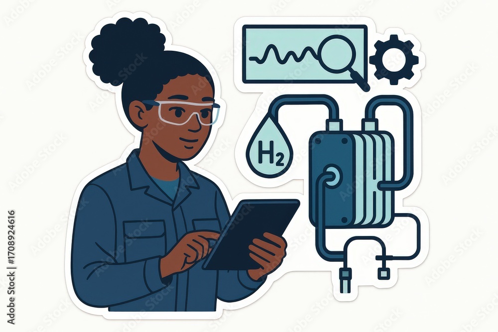 Aufkleber innovative hydrogen technology engineer analyzing data to optimize hydrogen fuel systems in a techni