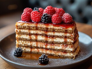 A delicious layered cake featuring raspberries and a rich cream, beautifully arranged on a plate, perfect for dessert lovers and pastry enthusiasts alike.