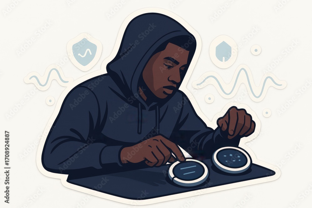 Poster engaging young man experimenting with futuristic technology and sound manipulation featuring innovat