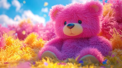 A fluffy pink teddy bear captivatingly placed in a bright, colorful setting that brings a sense of joy, playfulness, and charm to the viewer, appealing to a wide audience.