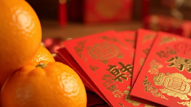 Close up oranges stacked red envelopes cinematic UHD handheld festive Lunar New Year stock footage. citrus fruit pile scarlet packet filmic ultra high definition handheld