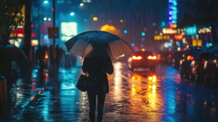 A dramatic urban scene illuminated by city lights during a rainstorm, with a solitary figure holding an umbrella, capturing the essence of solitude and ambiance in the rain.