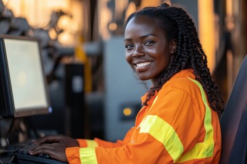 An uplifting portrait of a female worker in bright safety gear, smiling confidently while seated at her workspace, representing empowerment and professionalism in the industry.