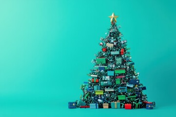 A beautifully decorated Christmas tree filled with colorful presents. The vibrant colors stand out against a cheerful turquoise background, creating a festive atmosphere.