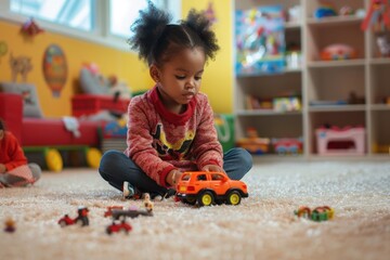 Adorable Young Girl Playing with Toy Car in a Colorful Playroom