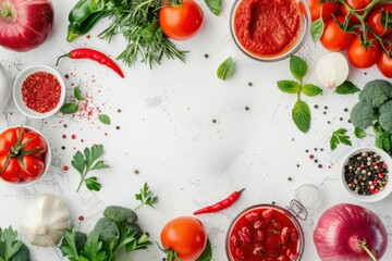 A visually appealing arrangement of fresh ingredients including tomatoes, herbs, and spices is set on a white background, highlighting the beauty of cooking and food preparation.