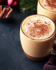 Festive Eggnog in Glass Mugs with Cinnamon Sprinkle