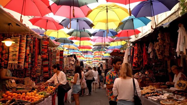 Colorful umbrellas hanging local market cinematic UHD handheld cultural festive lifestyle stock. vibrant parasol display bazaar artistic handheld tradition gala existence footage.