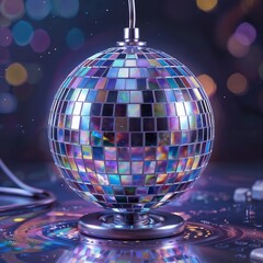 Fototapeta premium Shiny disco ball lamp reflecting colorful lights on table 