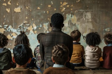 A mentor calmly addresses a group of children from behind, conveying trust and the significance of guidance in education, capturing an intimate learning moment filled with curiosity and focus.