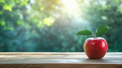 A bright red apple sits elegantly on a wooden table, illuminated by soft sunlight, emphasizing freshness and simplicity in natural surroundings.