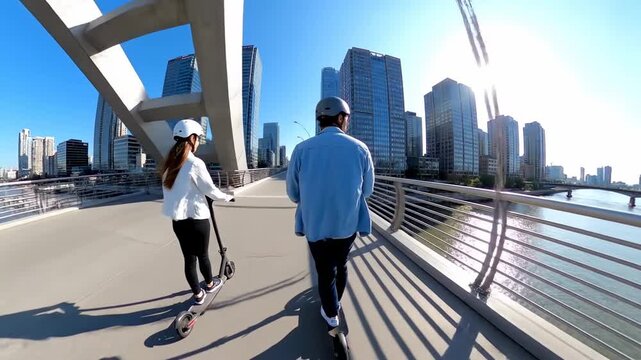 Electric scooter riders crossing city bridge cinematic UHD handheld eco lifestyle green transport stock. motorized scooter user traverse urban overpass filmic ultra high definition