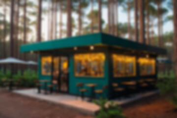 Fototapeta premium The blurry background of a small cafe located in the middle of a pine forest displays a warm atmosphere with small lights around the cafe.