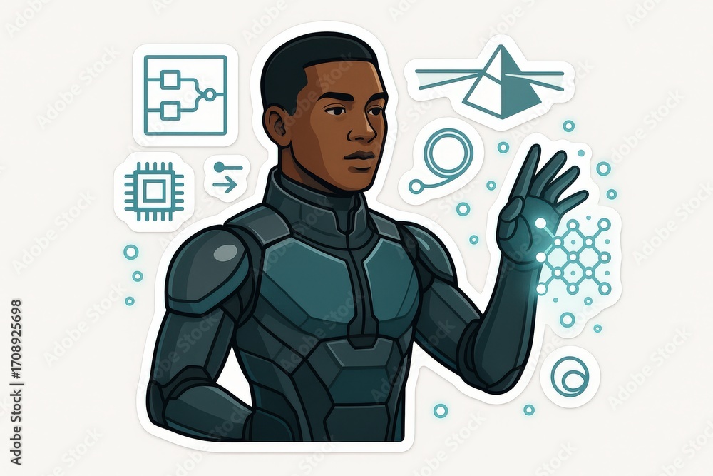 Poster innovative robotic figure displaying advanced technology concepts through dynamic gestures showcasin