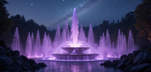 Glowing Purple Waters Dance in the Starlight, Ethereal Fountain, Tranquil Night, Breathtaking Colors