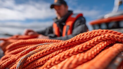 A close-up of a man's hand holding a coiled orange rope on a boat, with a blurred background of a boat and the sky.
